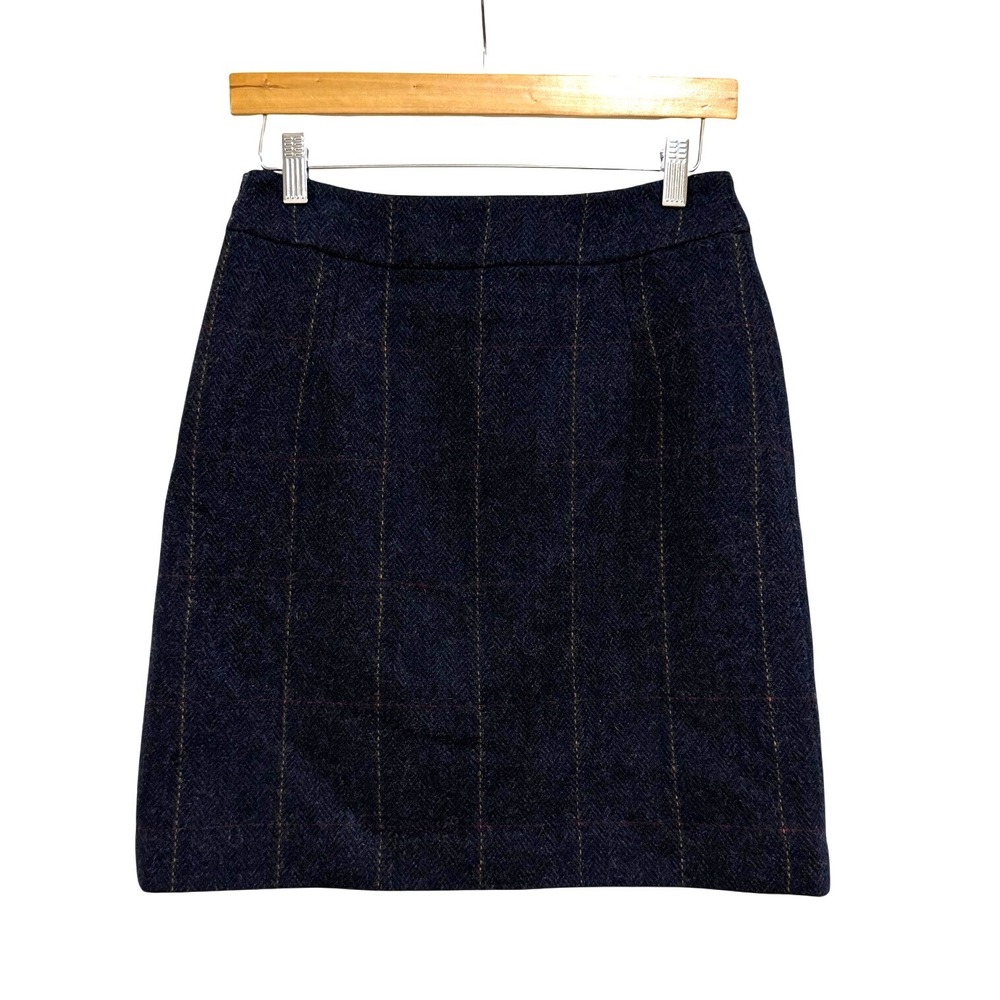 Joules Navy Blue Wool Herringbone Plaid Mini Skirt Velvet Trim US 4 UK 8